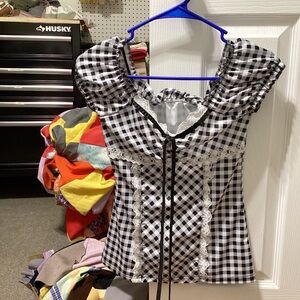 Black and White Checkered Blouse with Lace Trim